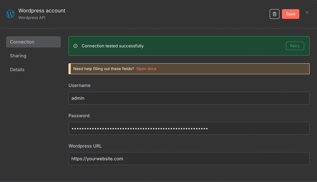 Menu konfigurasi kredensial node WordPress