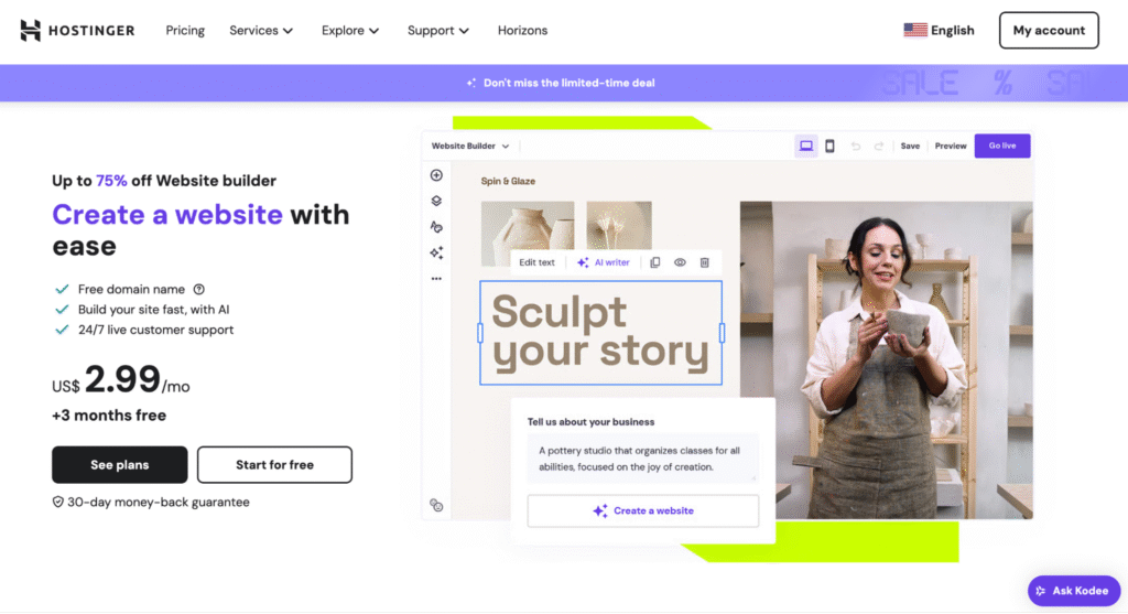 halaman landing website builder Hostinger