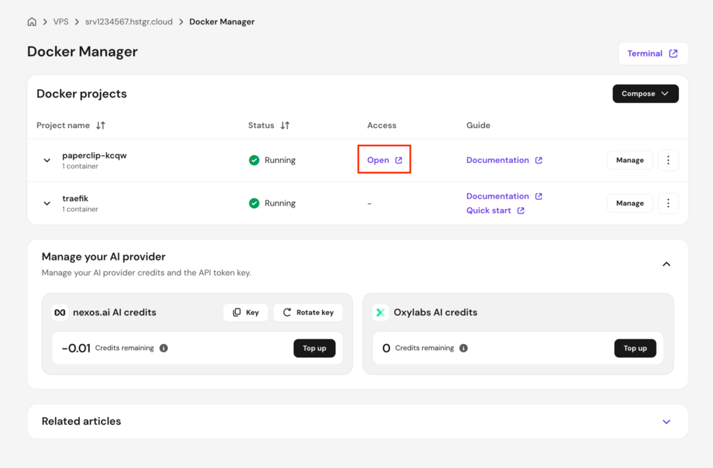 Tombol Open untuk mengakses dashboard Paperclip dari VPS Hostinger