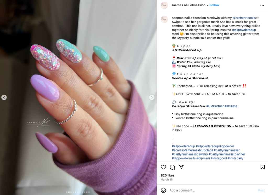 Postingan Instagram Saema Nail Obsession yang berisi kode afiliasi