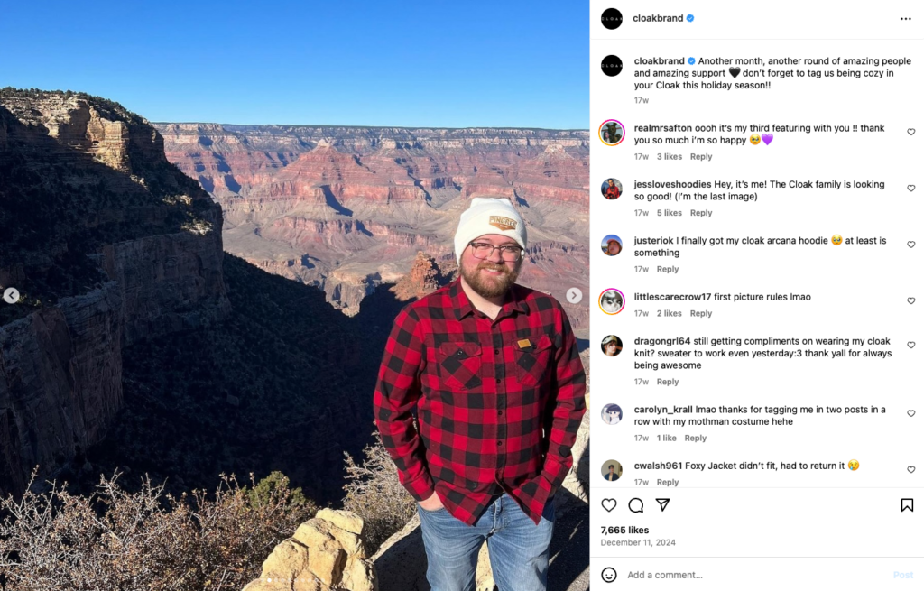 Sebuah postingan Instagram dari brand pakaian yang menampilkan konten buatan pengguna