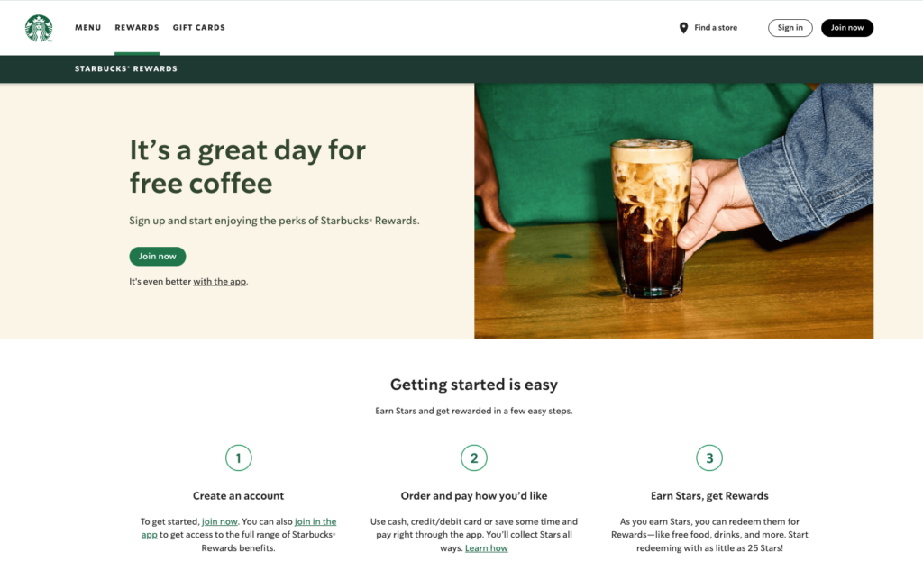 Halaman web Starbucks Rewards sebagai contoh program loyalitas bertingkat