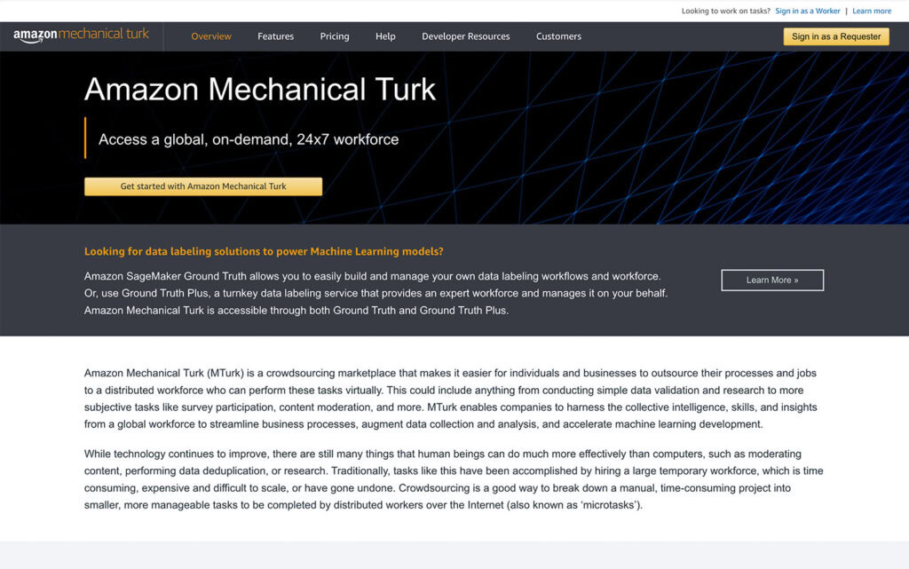 Beranda Amazon Mechanical Turk yang menawarkan solusi crowdsourcing untuk bisnis dan individu