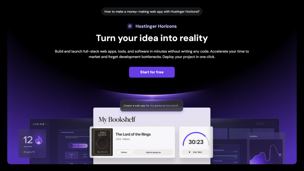 Platform web app Hostinger Horizons, menampilkan aplikasi rak buku pribadi dengan satu buku yang terdaftar dan fitur timer.
