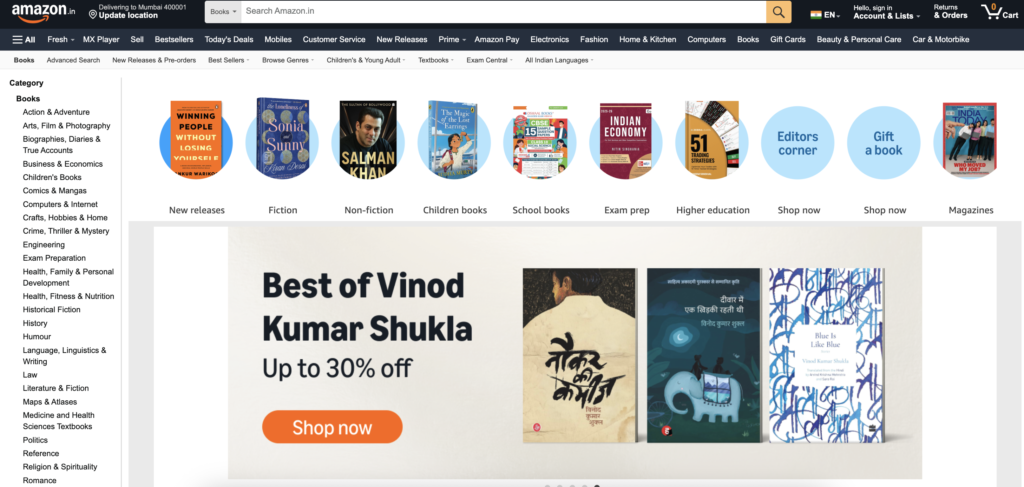Homepage of Amazon India, an online marketplace for buying and selling a wide variety of items