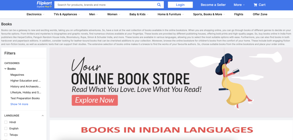 The main page of Flipkart's bookstore page for buying and a selling large variety of books.