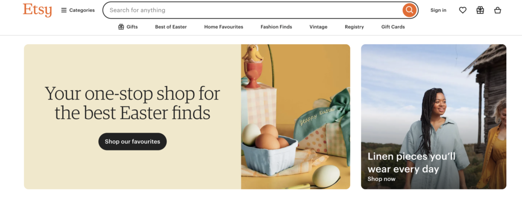 Etsy home page