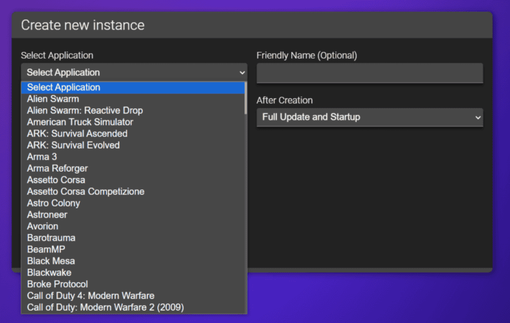 Il menu Crea nuova istanza nel Game Panel di Hostinger