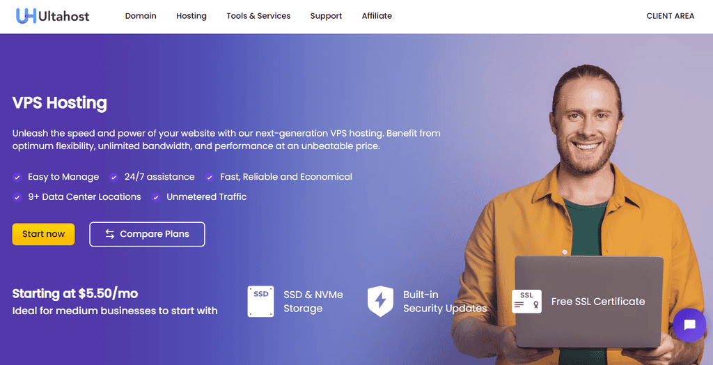 Landing page del VPS hosting di Ultahost