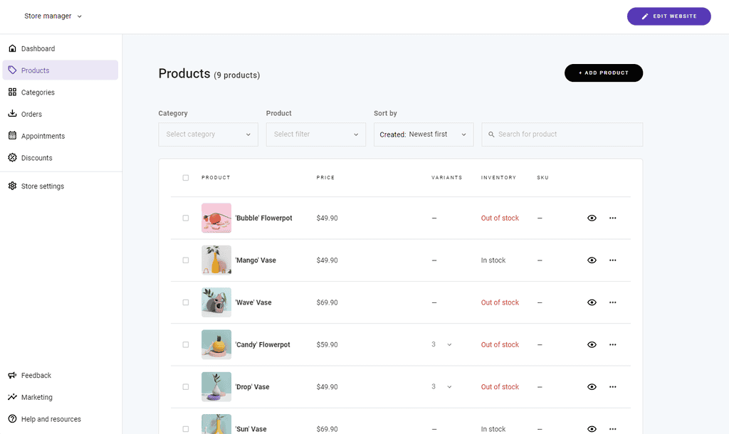 Gestore del negozio del website builder di Hostinger