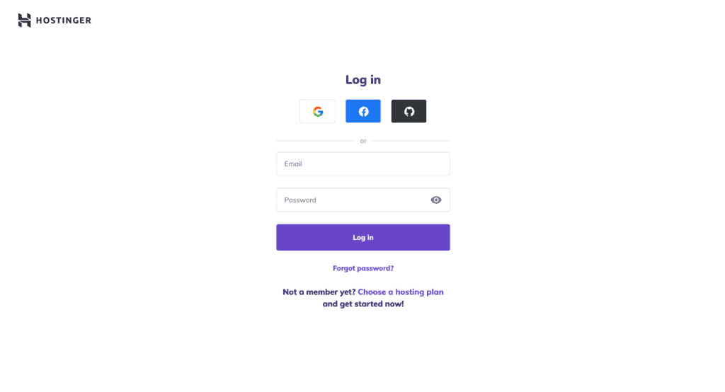 Pagina di accesso di hPanel