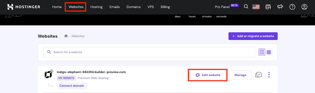 Menu "Siti web" di hPanel con pulsante "Modifica sito web" evidenziato