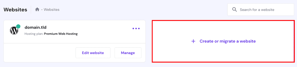 Menu del sito web hPanel con pulsante “Crea o migra un sito web” evidenziato