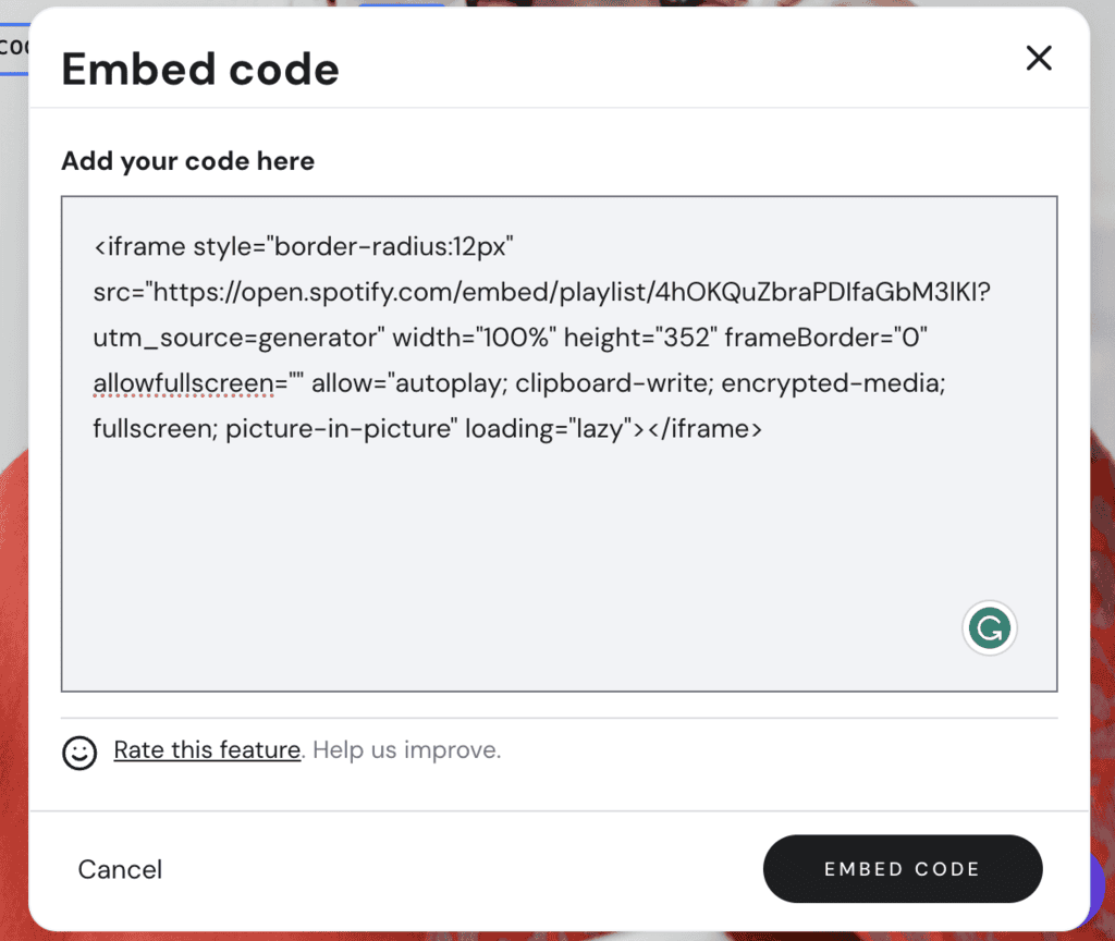 Editor di codice embed con snippet di codice