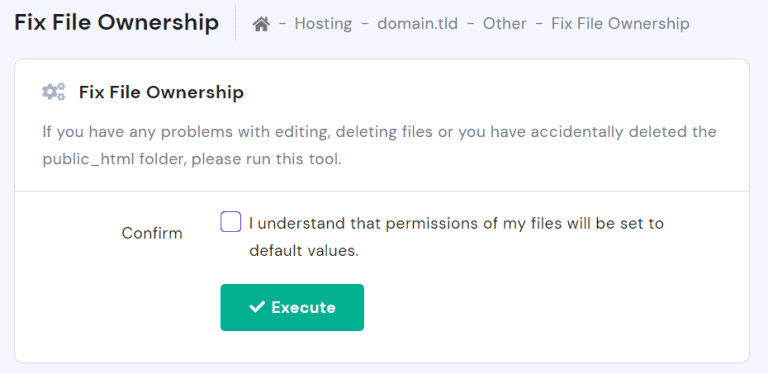 Il popup di conferma di Correggi proprietà file di Hostinger