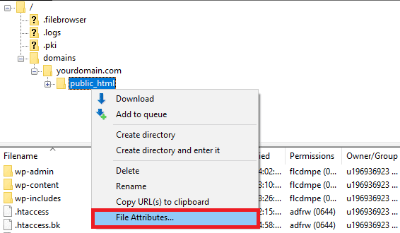 FTP FileZilla con opzione Attributi file in evidenza