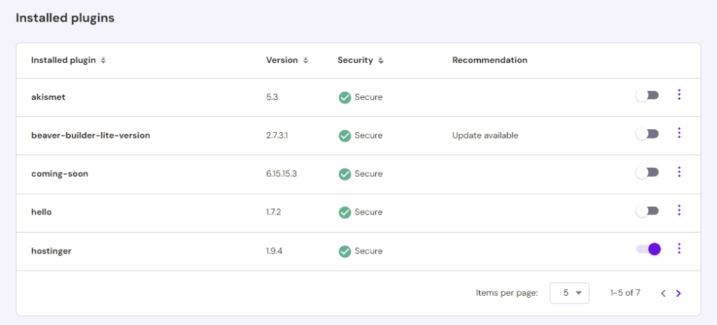 Plugin installati in WordPress in hPanel