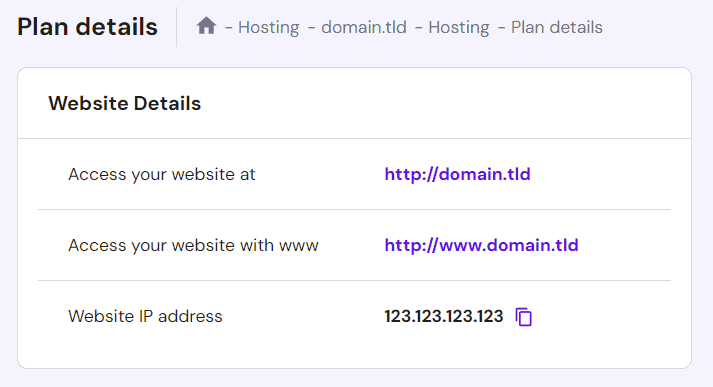 Individuazione dell'indirizzo IP del sito web in hPanel