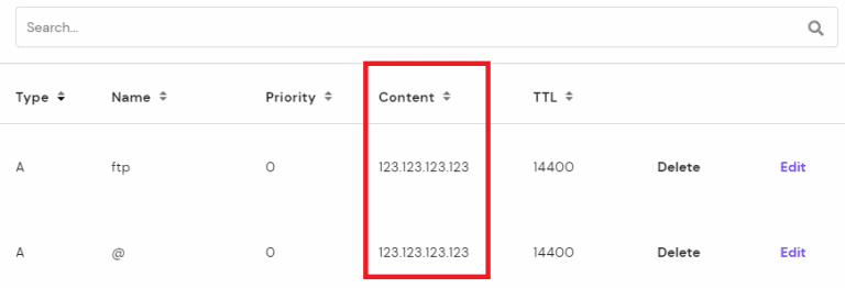 Editor di zona DNS di Hostinger con record A in evidenza