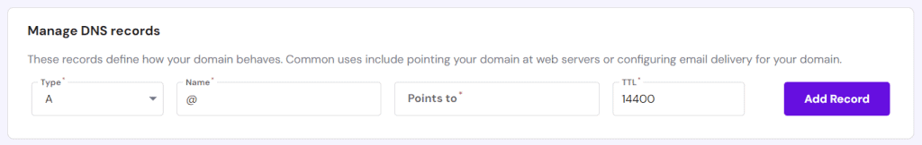 Aggiunta di un nuovo record DNS nell'editor di zona DNS di Hostinger