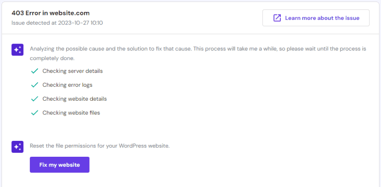 Il flusso di lavoro di AI Troubleshooter di Hostinger