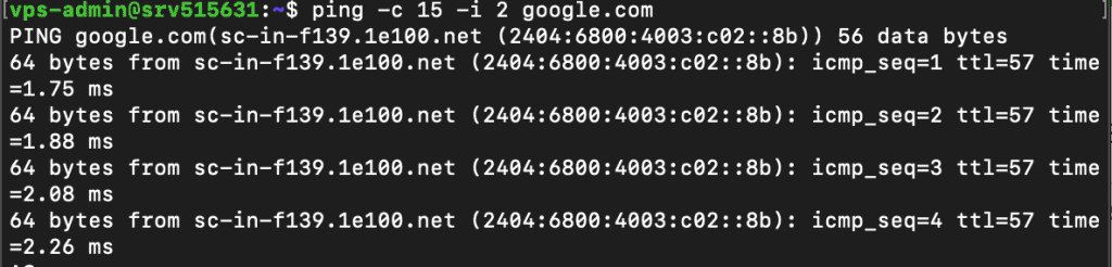 Il comando ping invia pacchetti a google con impostazioni personalizzate