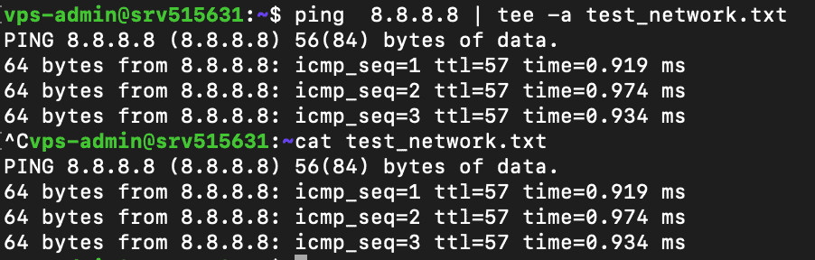 Il comando tee stampa l'output di ping nel terminale e in un file