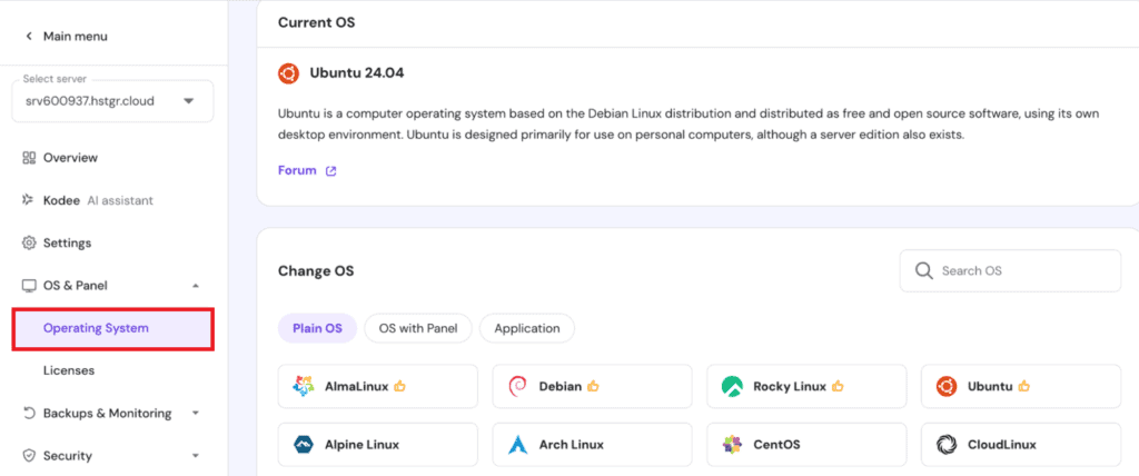 La finestra del sistema operativo aperta sulla dashboard del VPS