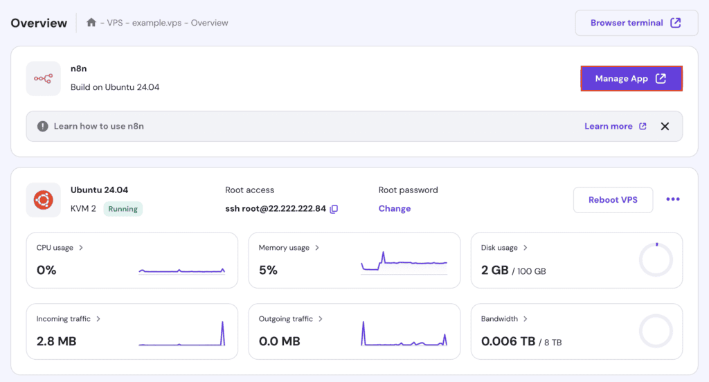 Il pulsante Gestisci app nella pagina di Panoramica del VPS nell'hPanel