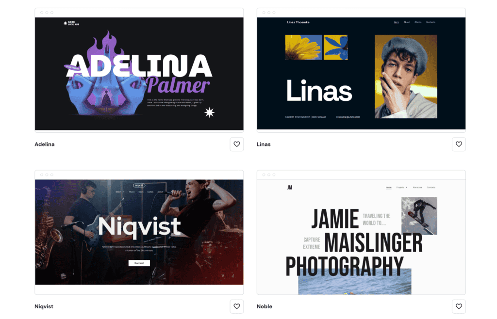 Esempi dei template di portfolio nel website builder di Hostinger