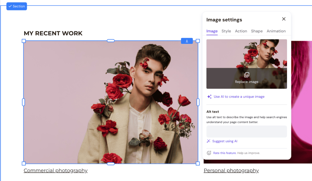 Le impostazioni delle immagini aperte nell'editor del website builder di Hostinger