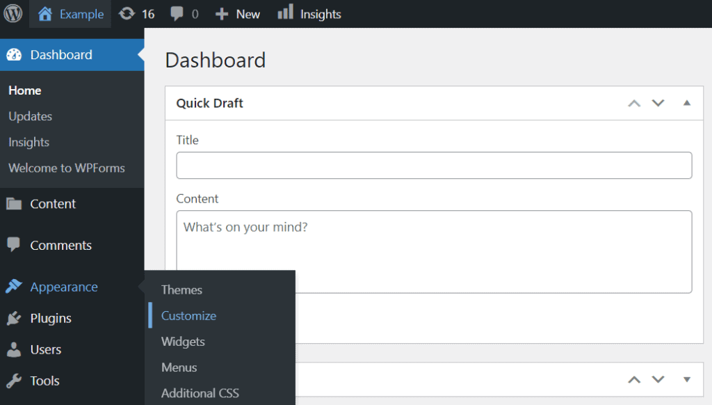 Dashboard di WordPress con i menu Aspetto e Personalizza evidenziati