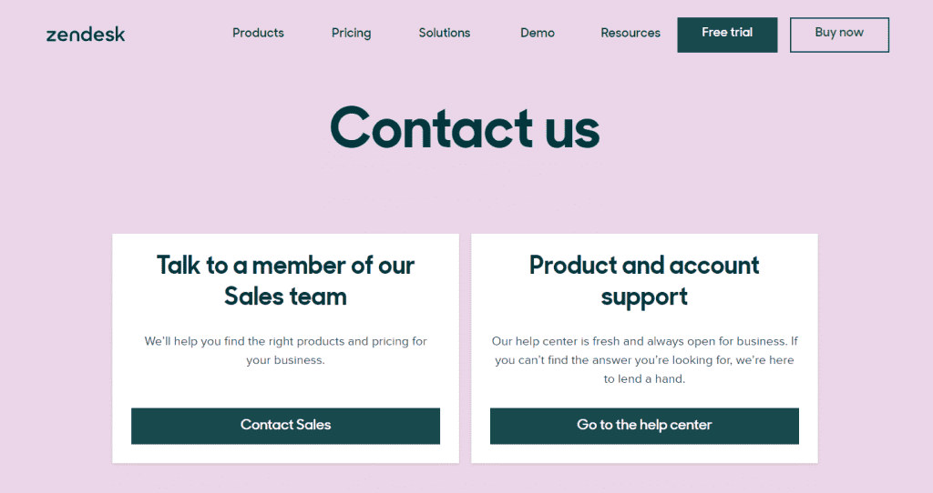 Pagina dei contatti di Zendesk