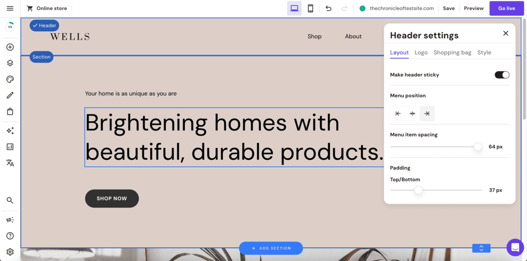 L'intergaccia dell'editor drag-and-drop del website builder di Hostinger con le impostazioni dell'header evidenziate