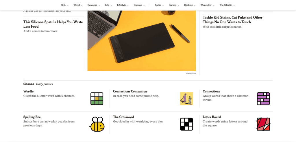 Barra del menu sticky del sito web del New York Times