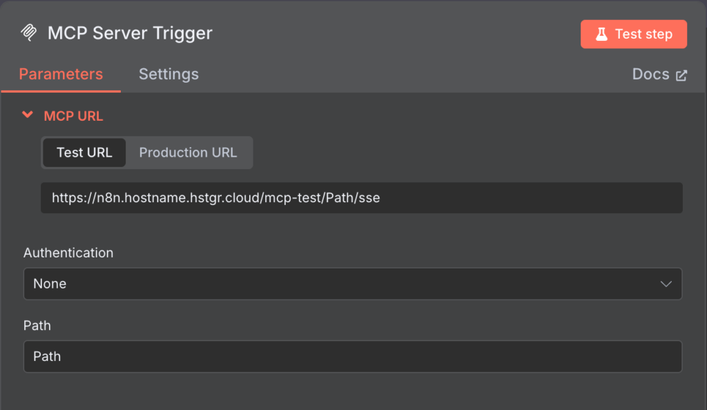 Configurazione del nodo MCP server trigger