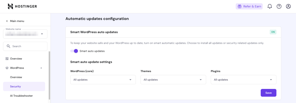 Funzionalità di aggiornamento automatico di WordPress nella dashboard dell'hPanel di Hostinger