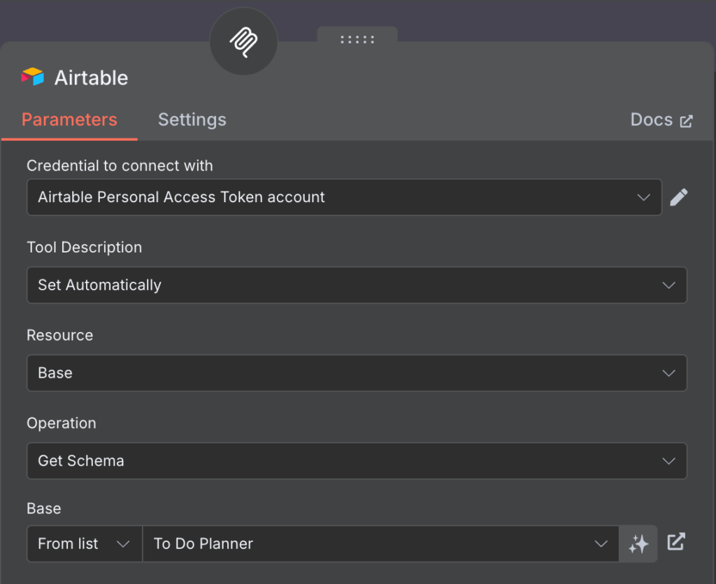 Pagina di configurazione del nodo Airtable