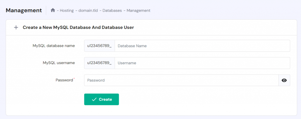 Menu Gestione database mostra i campi per creare un nuovo database MySQL