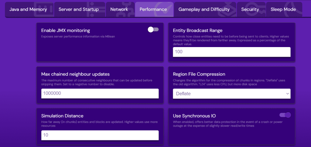 Menu delle impostazioni del server di Minecraft nel Game panel di Hostinger