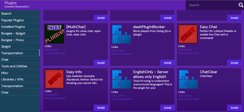 Menu di gestione dei plugin di Minecraft nel Game panel di Hostinger