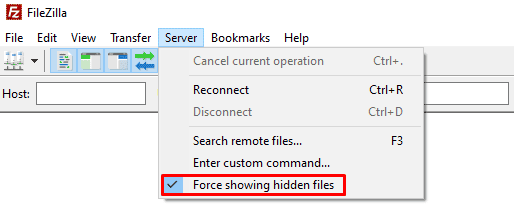 Interfaccia di FileZilla che mostra il menu a discesa del server e l'opzione evidenziata per forzare la visualizzazione dei file nascosti
