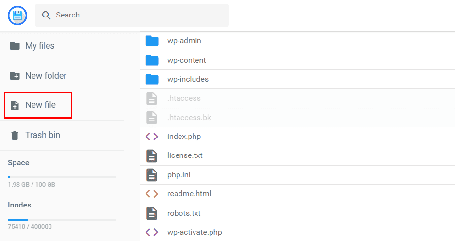 Interfaccia del file manager di Hostinger con il pulsante nuovo file evidenziato