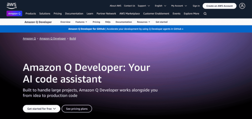 Landing page di Amazon Q Developer