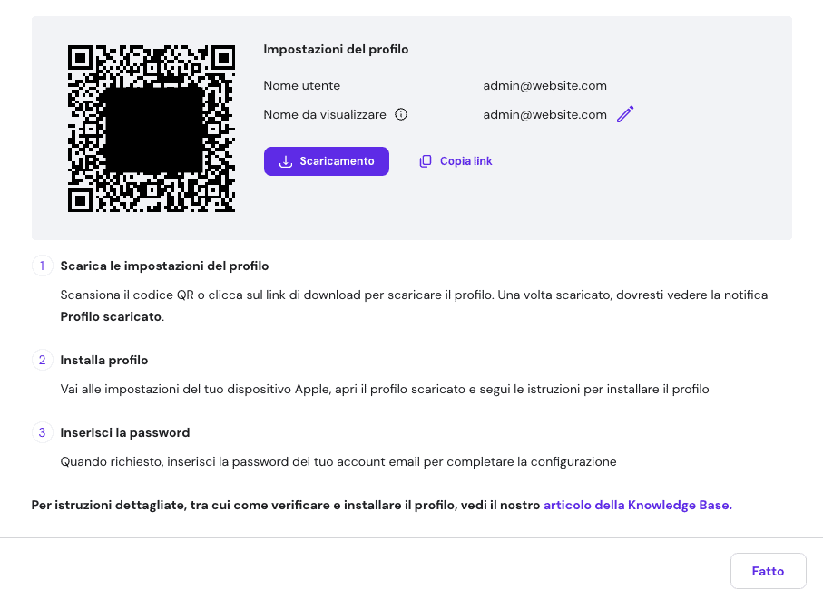 Popup di configurazione automatica che mostra un codice QR e un pulsante di download per salvare il profilo email