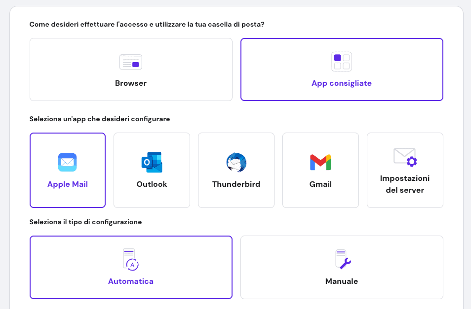 La funzionalità di configurazione automatica Apple di Hostinger evidenzia l'opzione per configurare i dispositivi Apple