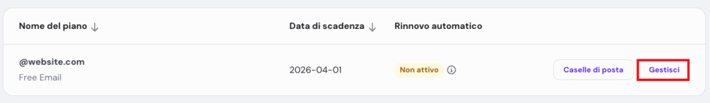 Un elenco di domini di posta elettronica nell'hPanel di Hostinger con il pulsante per gestirli evidenziato