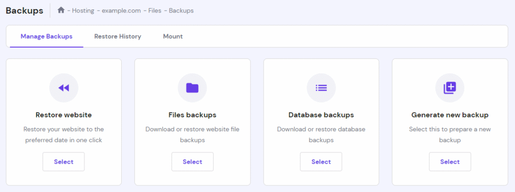 La sezione Backup su hPanel