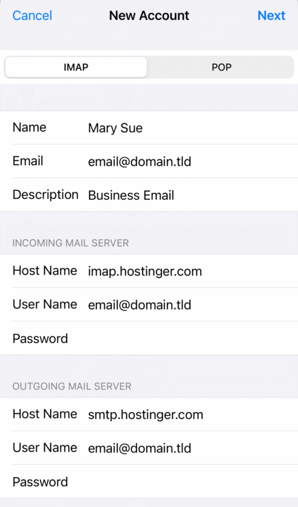 Aggiunta delle impostazioni del server di posta elettronica per creare un nuovo account email su iPhone