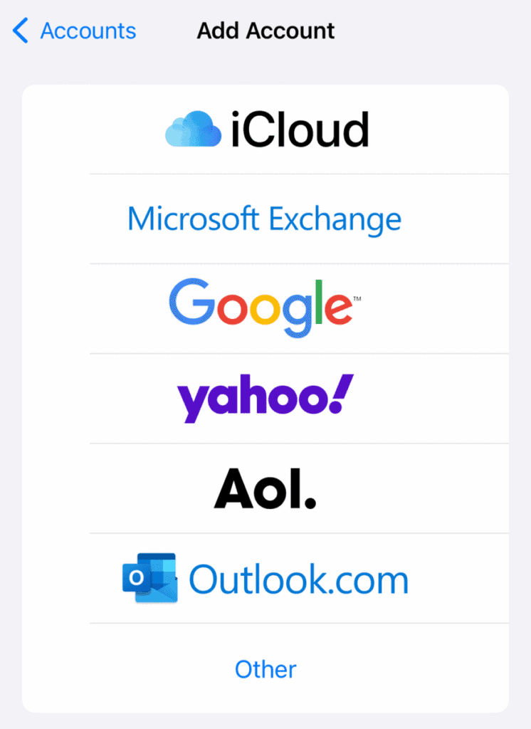 Un elenco di fornitori di servizi di posta elettronica supportati da iOS su iPhone